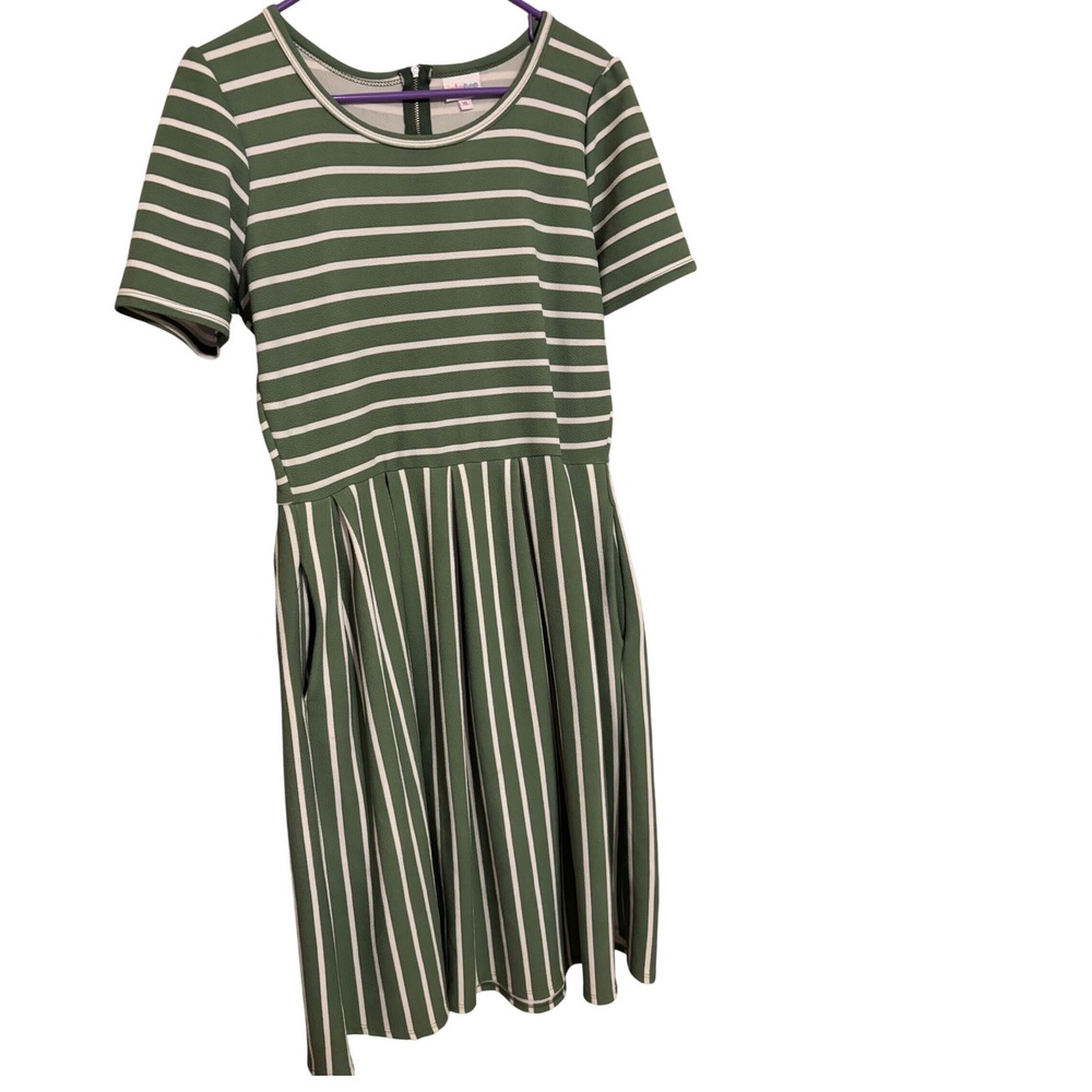 LuLaRoe Amelia Dress Striped Green White Short Sleeve‎ Casual Pockets Zip XL EUC